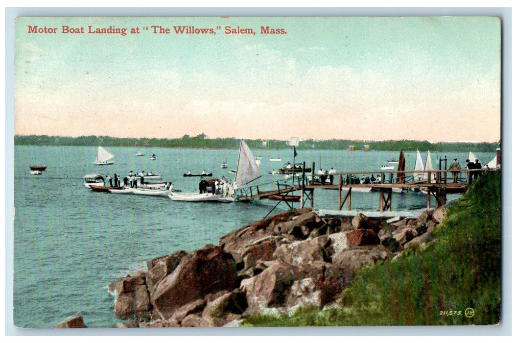 1910 Motor Boat Landing At The Willows Salem Massachusetts MA Yachts Postcard