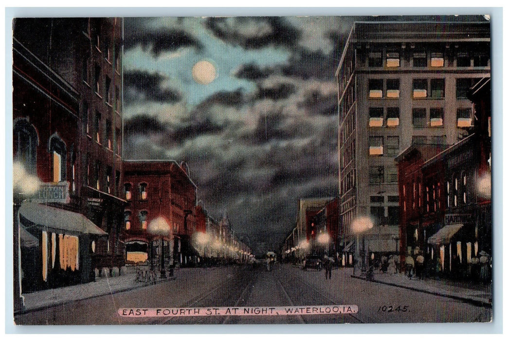 c1910's East Fourth Street At Night Waterloo Iowa IA Unposted Vintage Postcard
