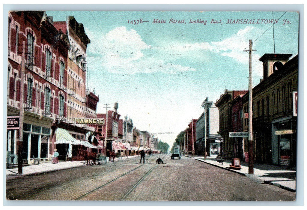 1907 Main Street Scene Looking East Marshalltown Iowa IA Posted Vintage Postcard