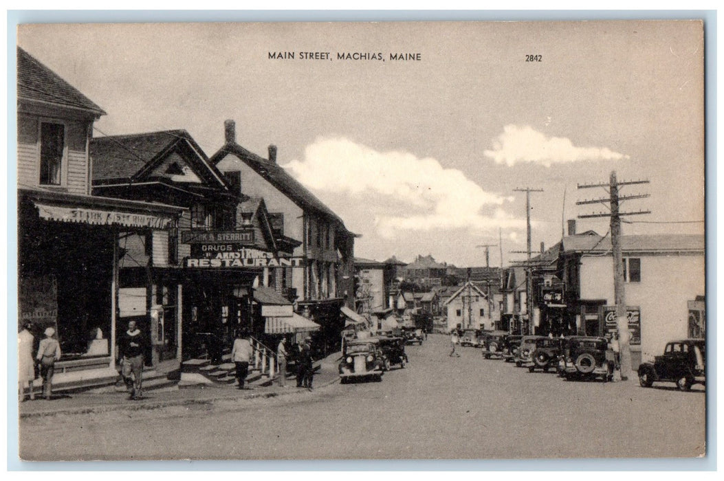 c1950 Main Street Classic Car Restaurant Establishment Machias Maine ME Postcard