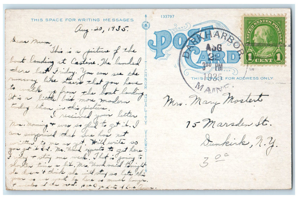 1935 Boat Landing Boating Harbor Waiting Shed Tourist Castine Maine ME Postcard