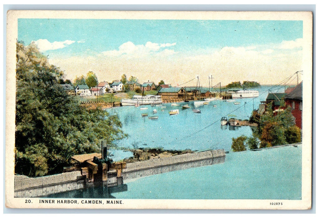c1950 Inner Harbor Passenger Boats Ferry Docking Houses Camden Maine ME Postcard
