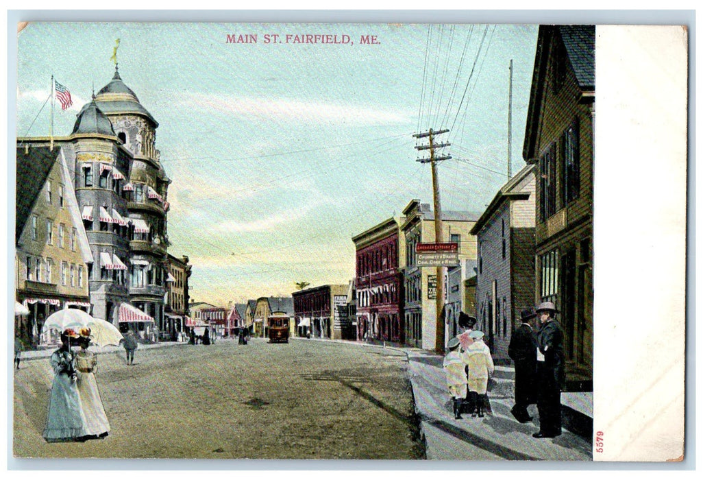 c1905's Main Street Dirt Road Railway Train People Fairfield Maine ME Postcard