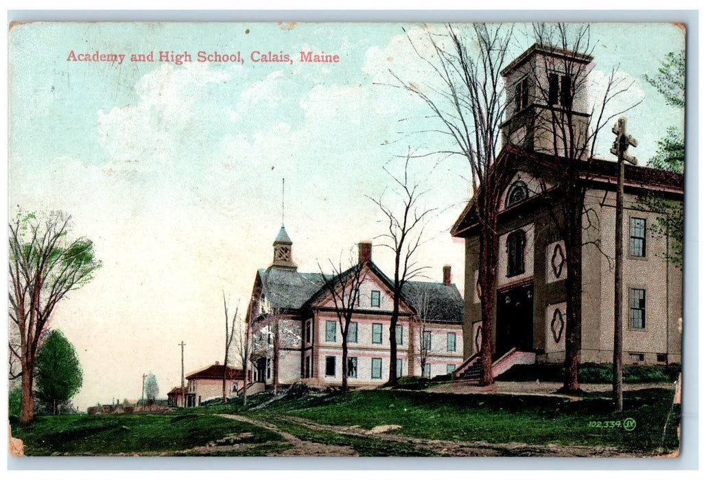 1914 Academy High School Building View Dirt Road Stairs Calais Maine ME Postcard