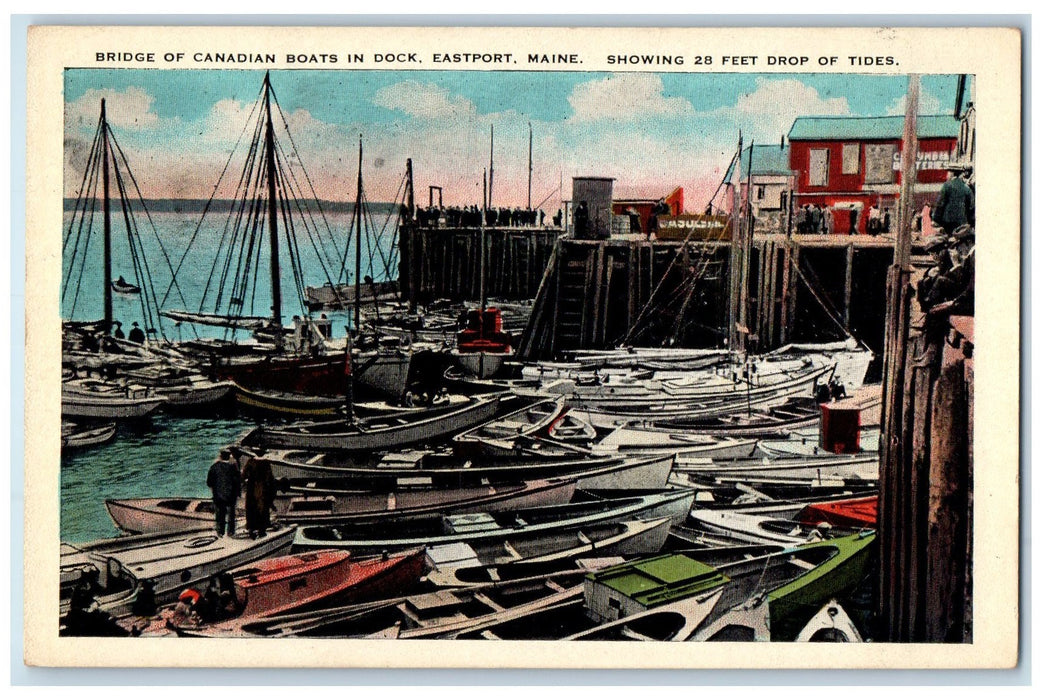 c1950 Bridge Of Canadian Boats In Dock Drop Of Tides Eastport Maine ME Postcard