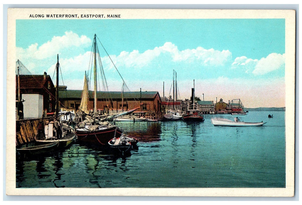 c1950 Along Waterfront Boats Docking Harbor Pier View Eastport Maine ME Postcard