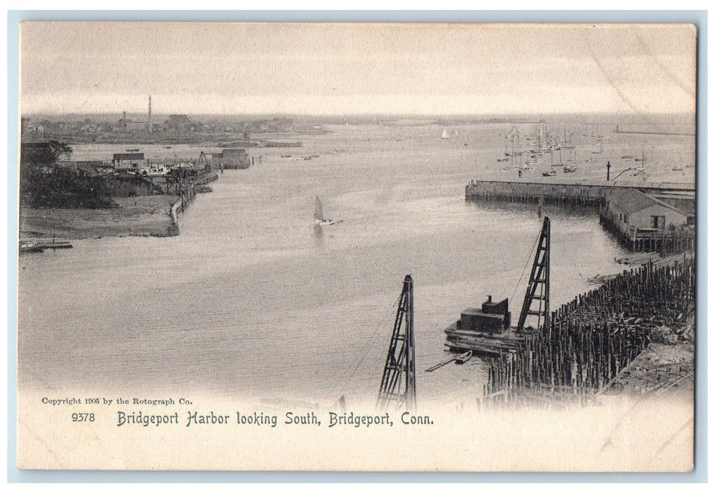 c1905 Bridgeport Harbor Aerial View Pier Sailboats Ferry Buildings CT Postcard