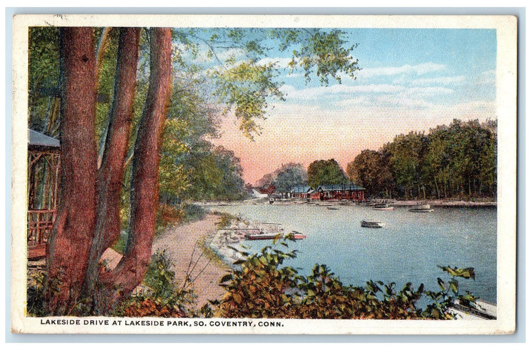 1912 Lakeside Drive Park Boats River Harbor Sheds South Coventry CT Postcard