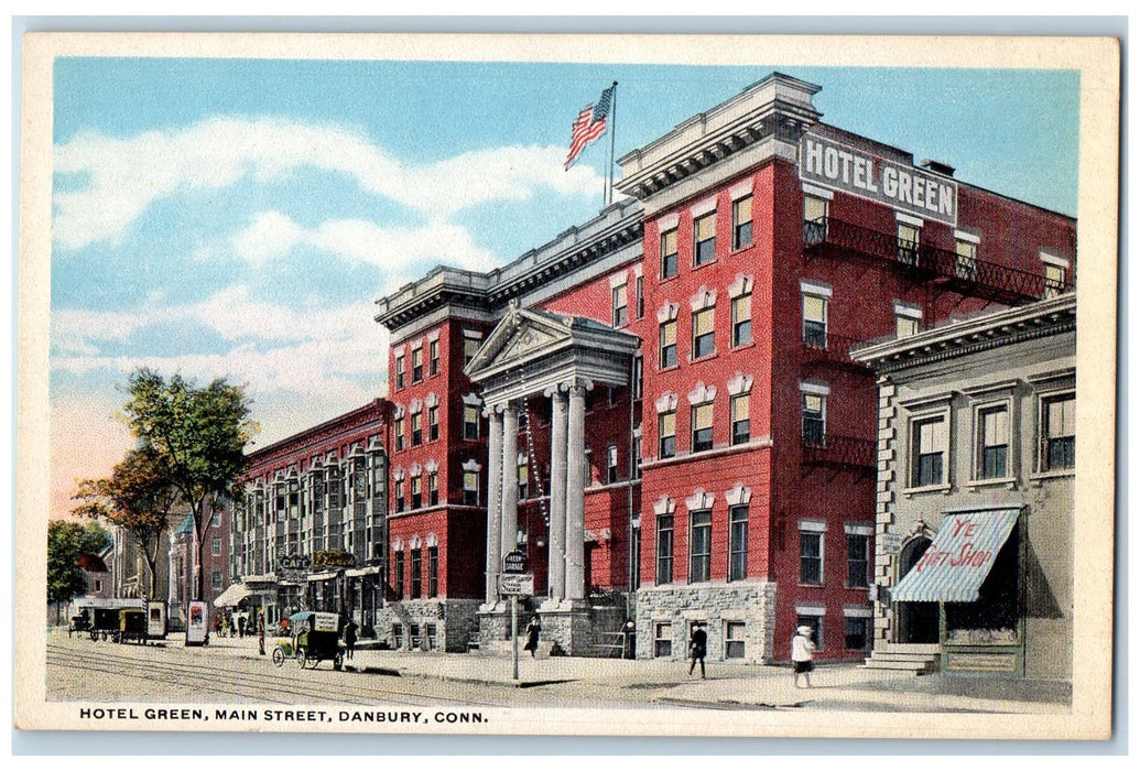 c1920 Hotel Green Main Street Building View Restaurant Cars Danbury CT Postcard