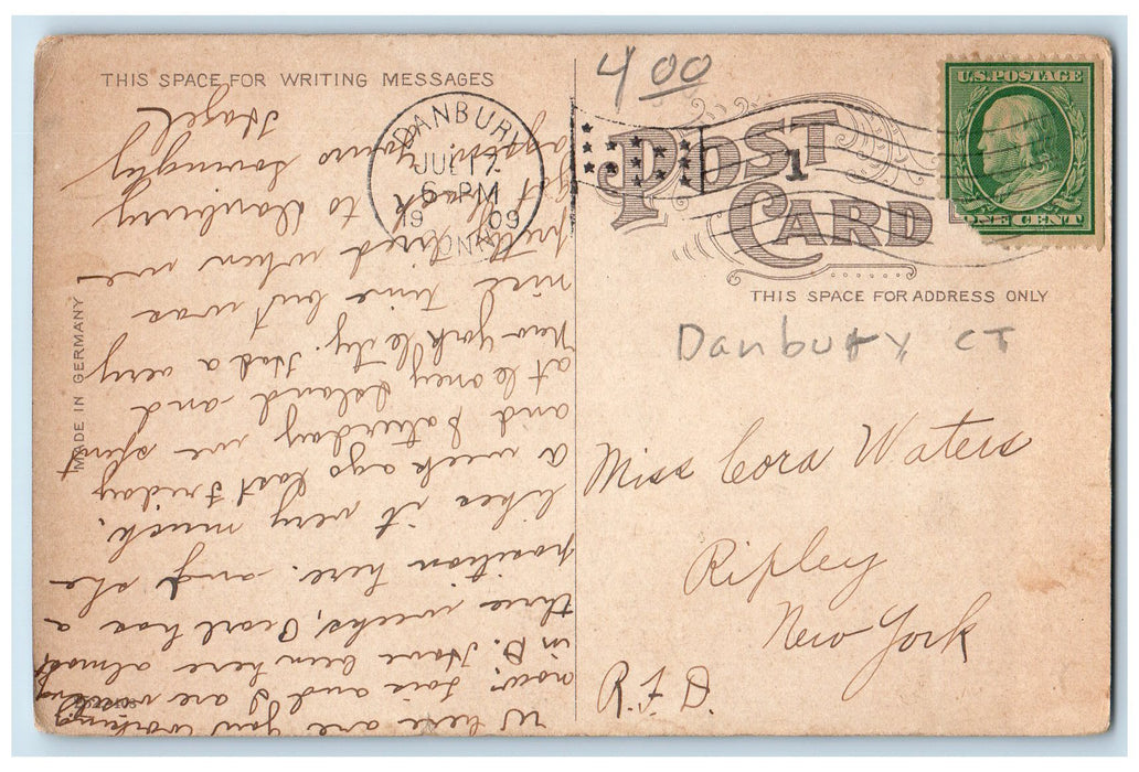 1909 Business Sector Upper Main Street Horse Carriage Cars Danbury CT Postcard