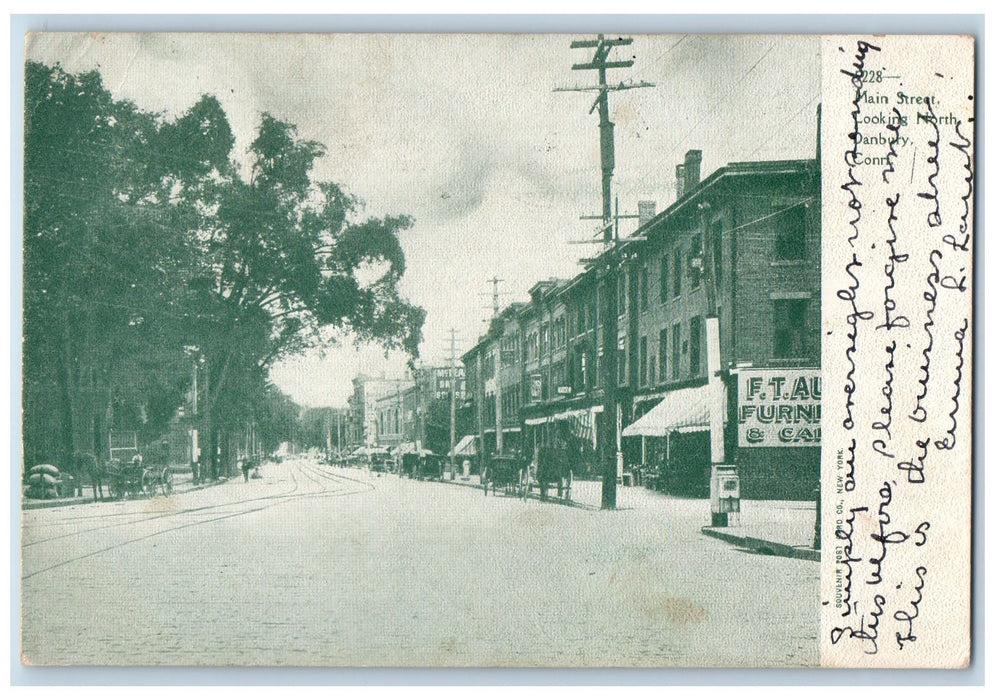 1905 Main Street Railway Horse Carriage Wagon Establishments Danbury CT Postcard