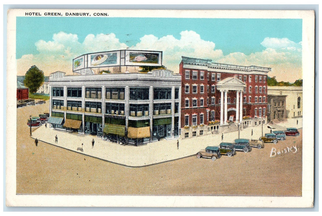 1929 Hotel Green Building View Restaurant Classic Car Street Danbury CT Postcard