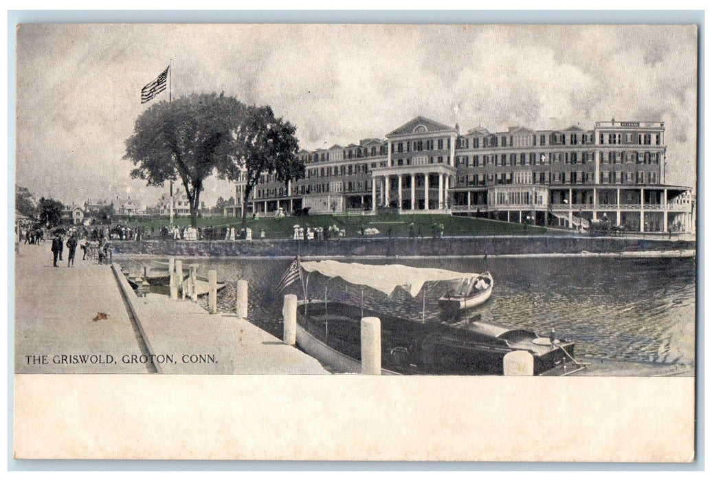 c1905 The Griswold Building Restaurant Landscape Tourist Boat Groton CT Postcard