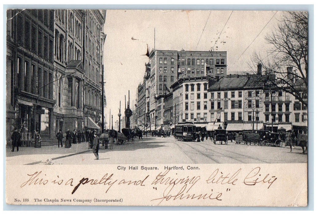 1904 City Hall Square Crowd Horse Carriage Trolley Building Harford CT Postcard