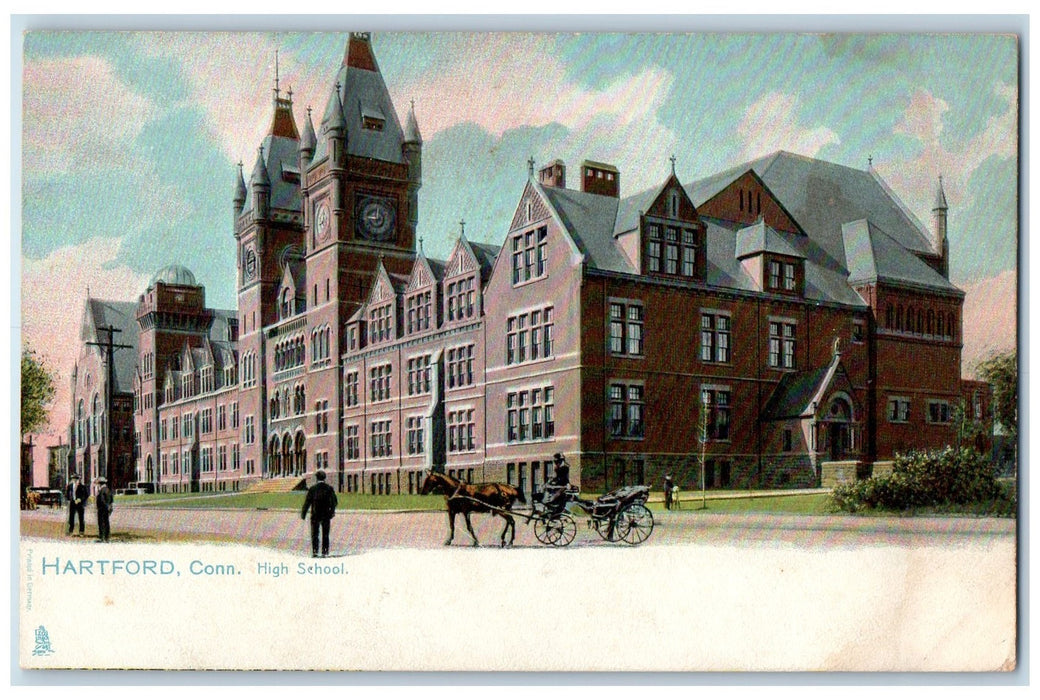 c1905 High School Building Campus Tower Clock Horse Carriage Harford CT Postcard
