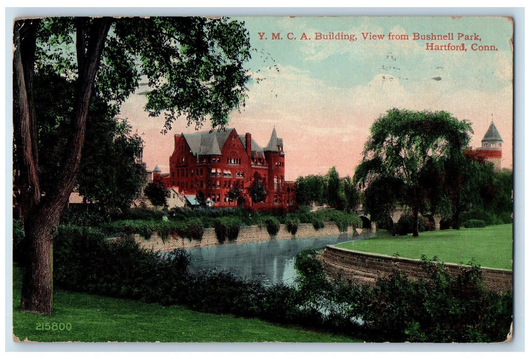 1914 YMCA Building Bushnell Park Pond Lake Ground Bridge Harford CT Postcard