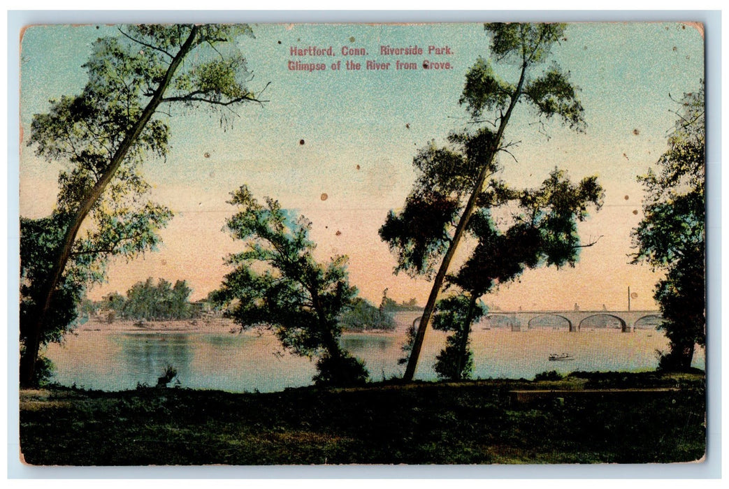 1916 Riverside Park Glimpse River From Grove Bridge Boating Harford CT Postcard
