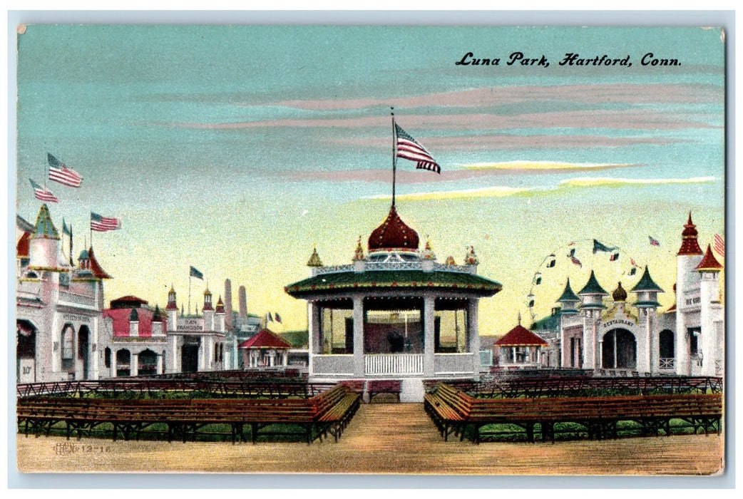 1909 Luna Park View Flag Amusement Entertainment Harford Connecticut CT Postcard
