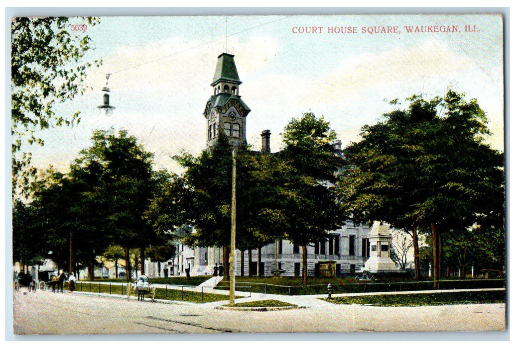 1907 Court House Square Street Tree Scene Waukegan Illinois IL Carriage Postcard