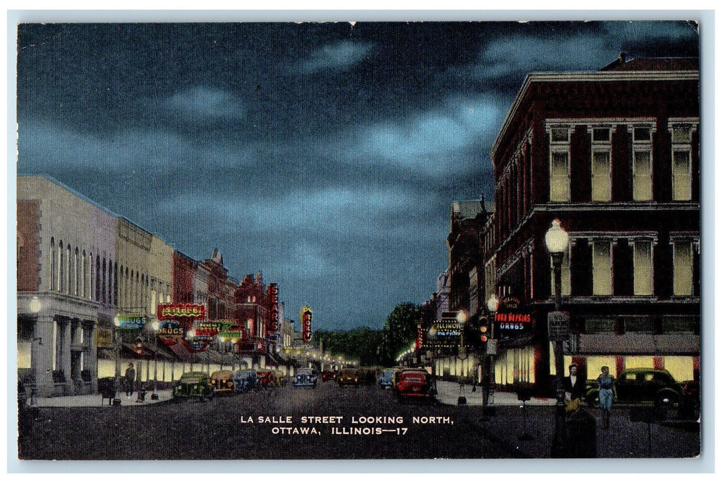 1955 La Salle Street Scene Looking North Ottawa Illinois IL Drug Store Postcard