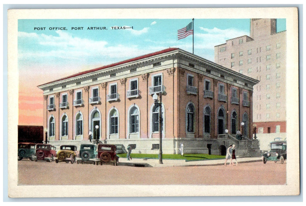 c1920's Post Office Building Stairs Classic Cars Port Arthur Texas TX Postcard