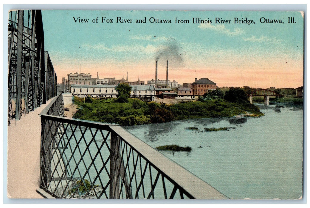 c1910's View Of Fox And Ottawa From Illinois River Bridge Ottawa IL Postcard