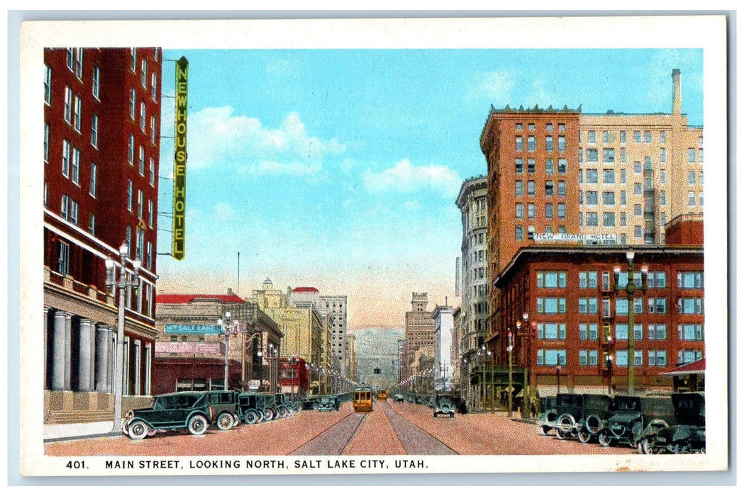 c1920 Main Street Looking South Railway Classic Cars Salt Lake City UT Postcard