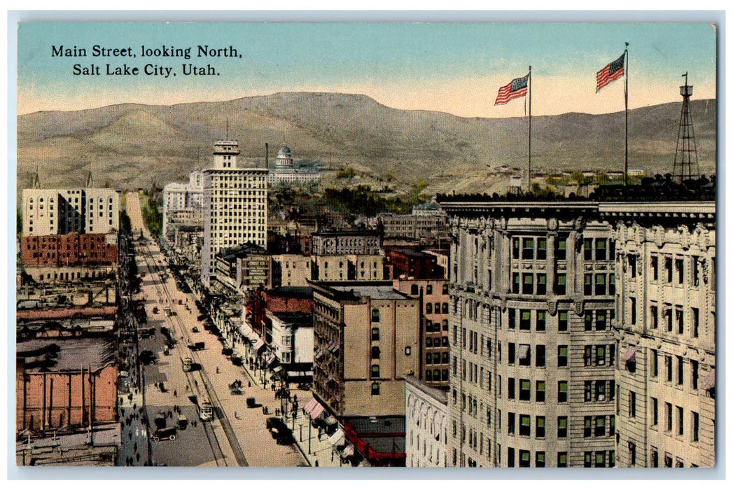 c1910 Main Street Classic Cars Railway Buildings Road Salt Lake City UT Postcard