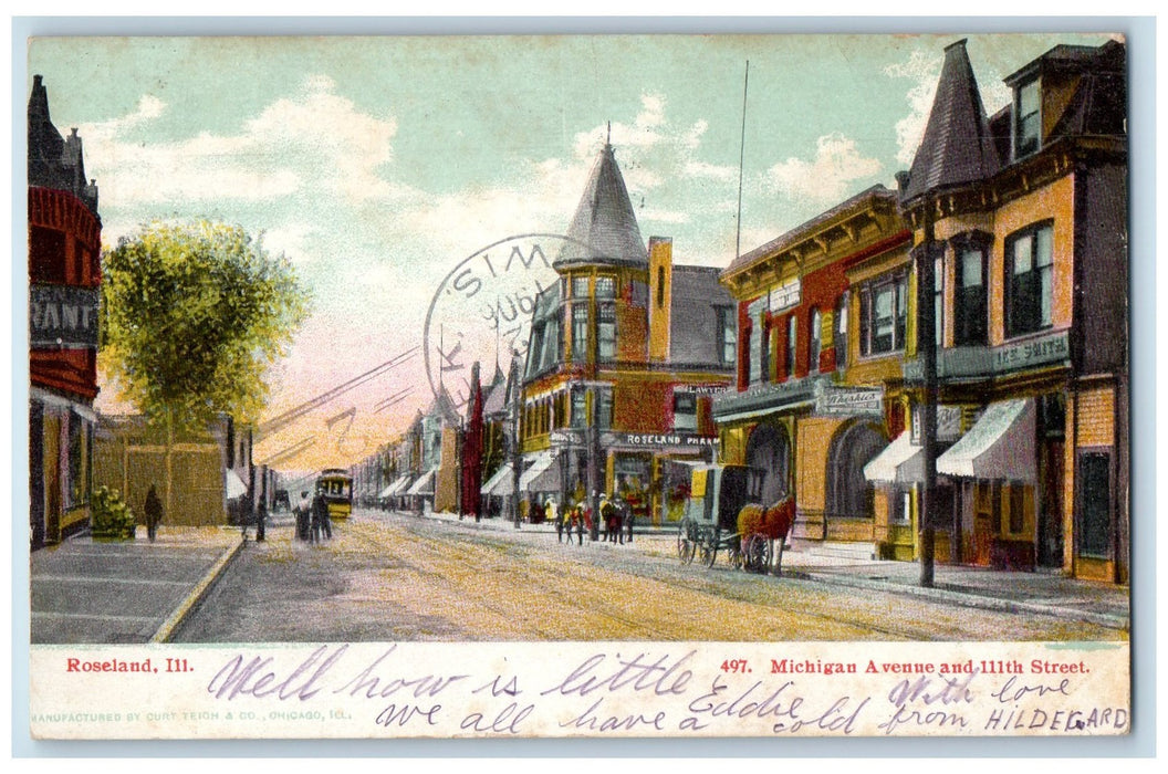 1906 Michigan Avenue And 111th Street Roseland Illinois IL Carriages Postcard
