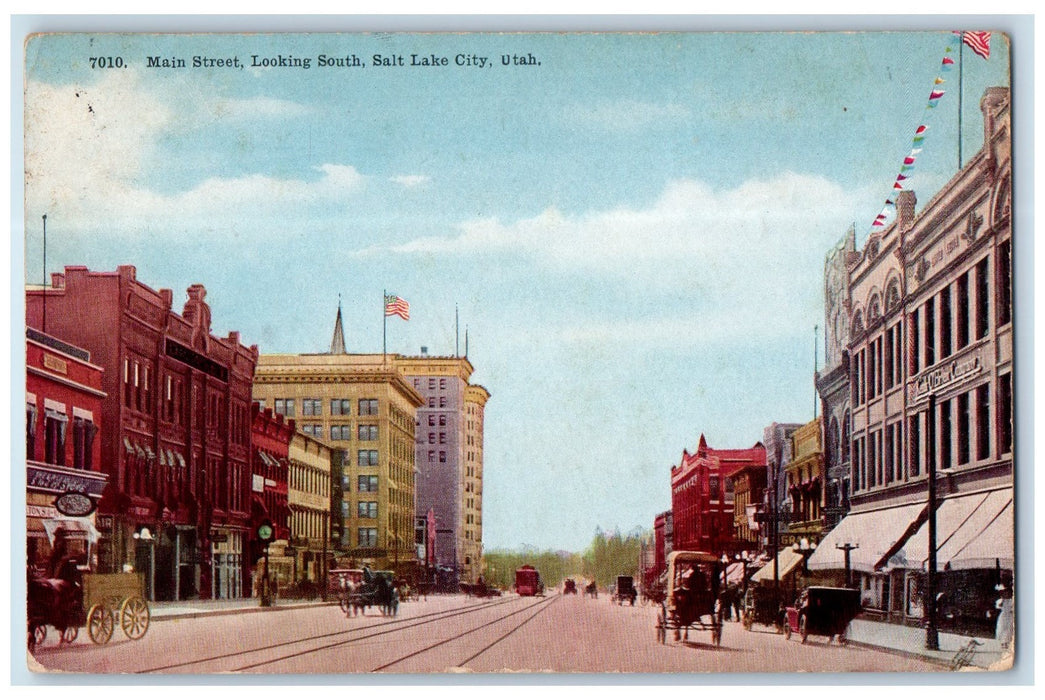 c1910 Main Street Horse Carriage Classic Cars Railway Salt Lake City UT Postcard