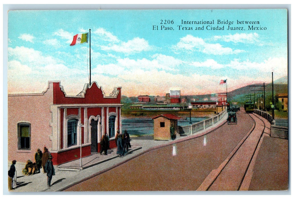 c1910 International Bridge Between El Paso Texas & Ciudad Juarez Mexico Postcard