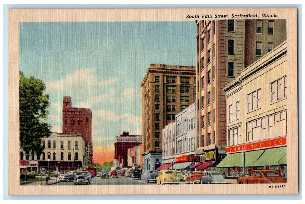 c1940's South Fifth Street Shops Cars Springfield Illinois IL Unposted Postcard