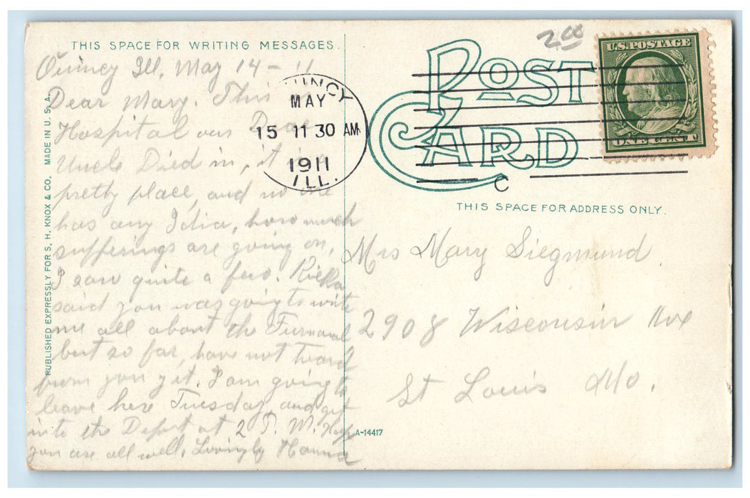 1911 Hospital Soldiers And Sailor Home Scene Quincy Illinois IL Posted Postcard