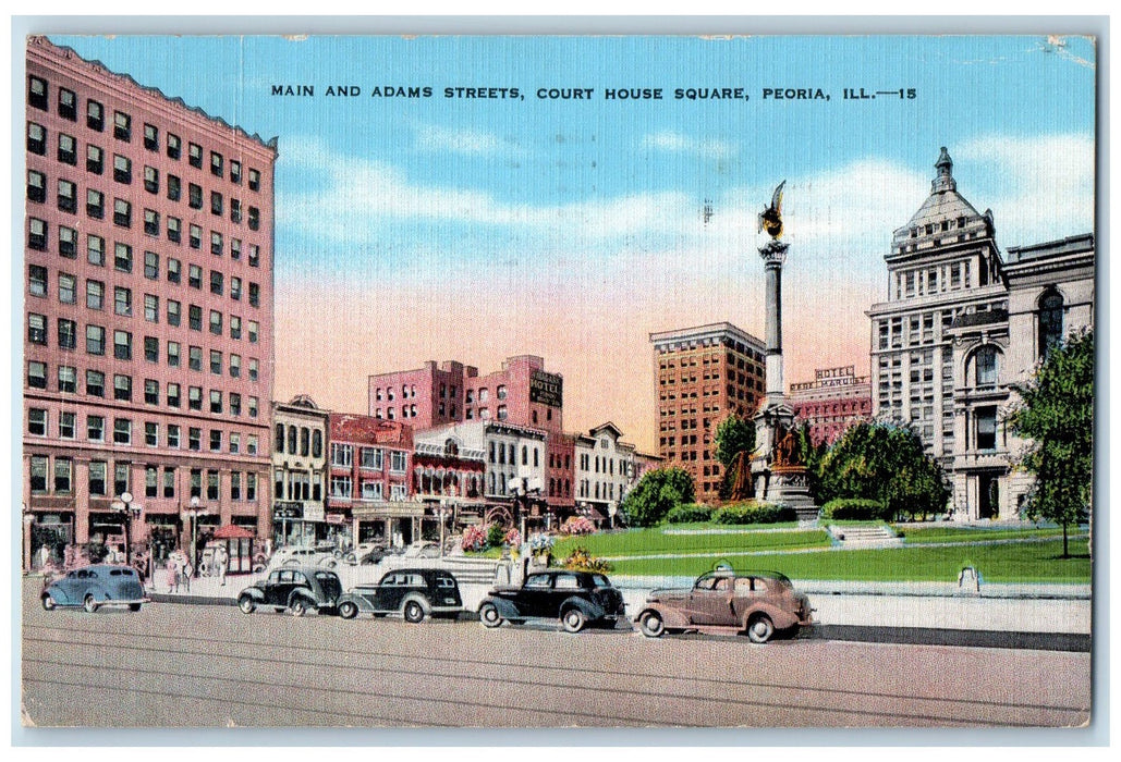 1945 Main And Adams Streets Scene Court House Square Peoria Illinois IL Postcard