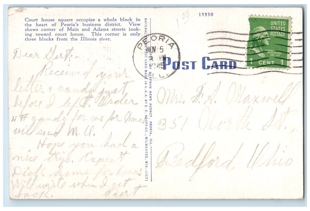 1945 Main And Adams Streets Scene Court House Square Peoria Illinois IL Postcard