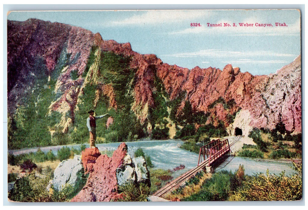 c1950's Tunnel No. 3 Bridge River Man On Rock Railway Weber Canyon UT Postcard