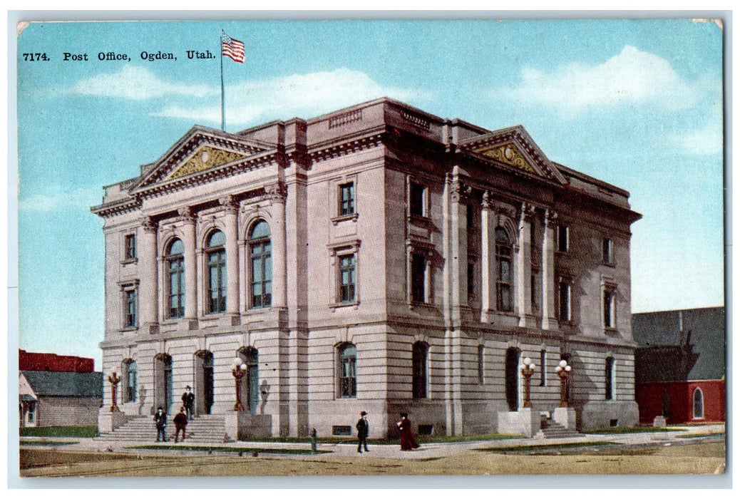 1911 Post Office Building Facade Stairs Entrance Flag Ogden Utah UT Postcard