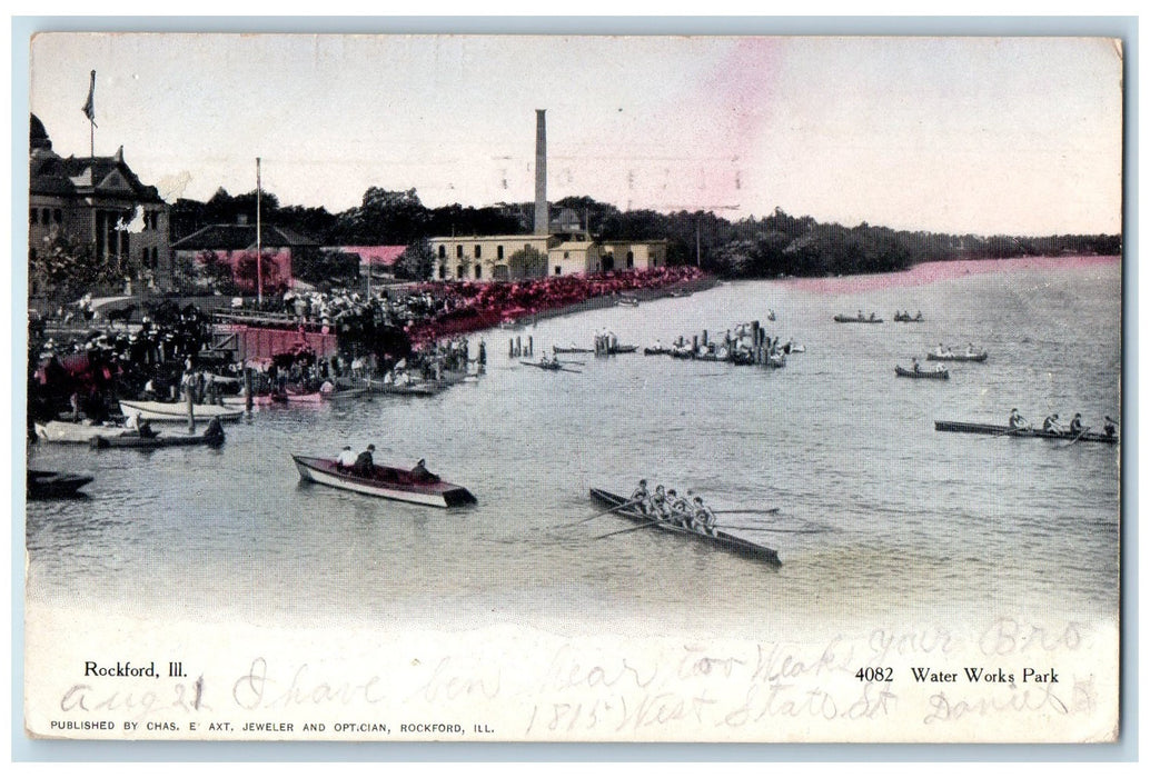 c1920's Water Works Park Canoe Racing Scene Rockford Illinois IL Posted Postcard