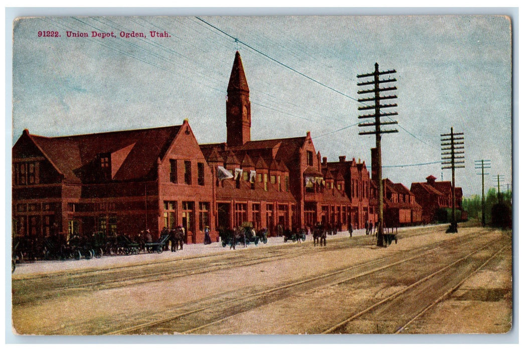 c1910 Union Depot Train Station Passenger Wagon Push Cart Ogden Utah UT Postcard