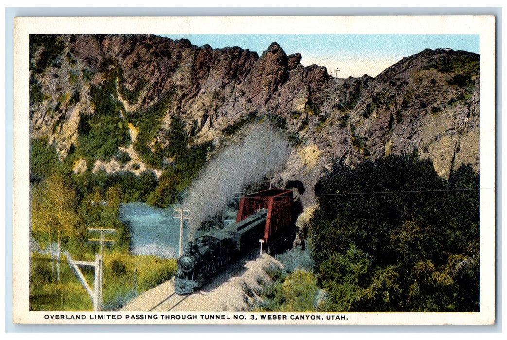 c1950 Overland Limited Train Passing Tunnel No. 3 Weber Canyon Utah UT Postcard