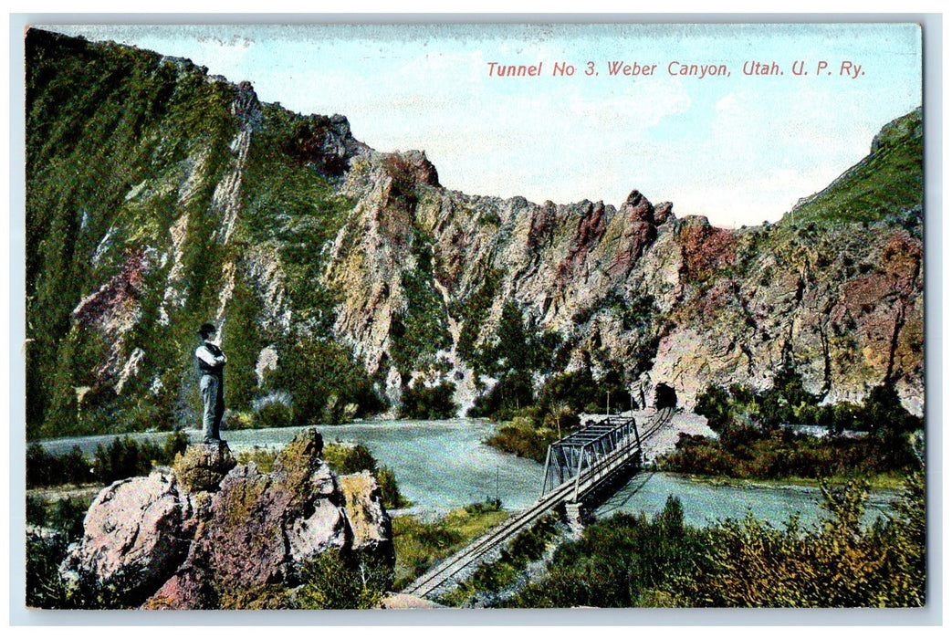 c1950 Tunnel No. 3 Bridge Railway River Man Hills Weber Canyon Utah UT Postcard