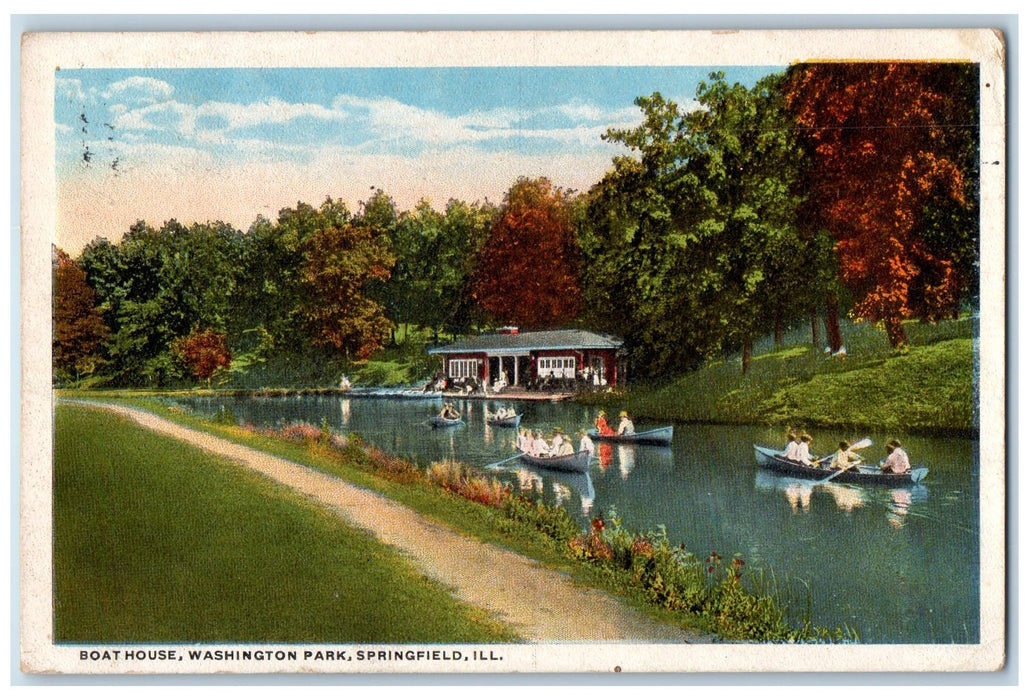 1918 Boat House Washington Park Springfield Illinois IL Posted Canoeing Postcard