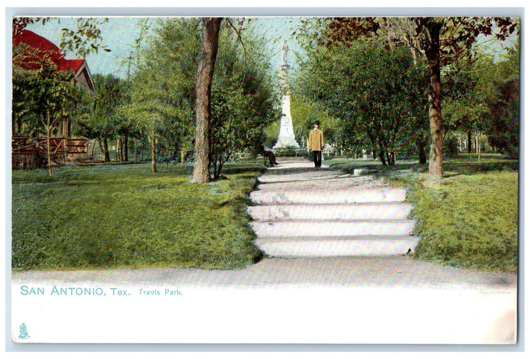 c1905 Travis Park Monument Stairs Trees Shed Man San Antonio Texas TX Postcard