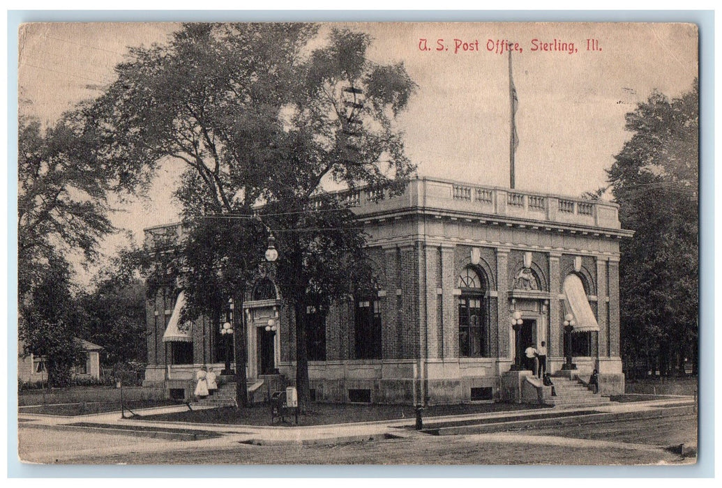 1908 United States Post Office View Sterling Illinois IL Posted Antique Postcard