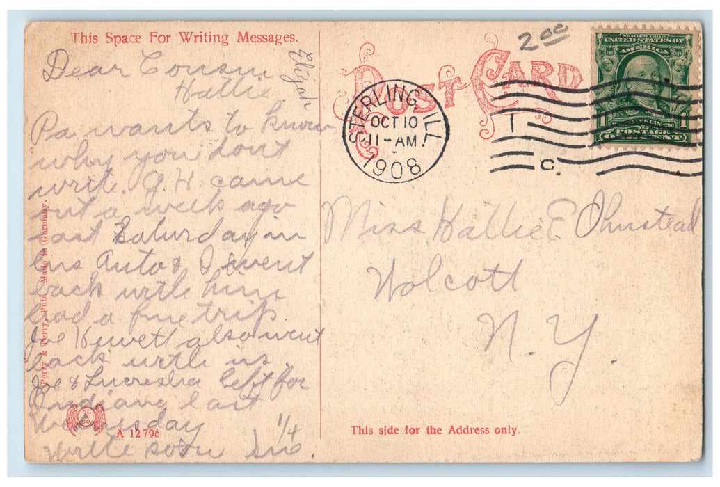 1908 United States Post Office View Sterling Illinois IL Posted Antique Postcard