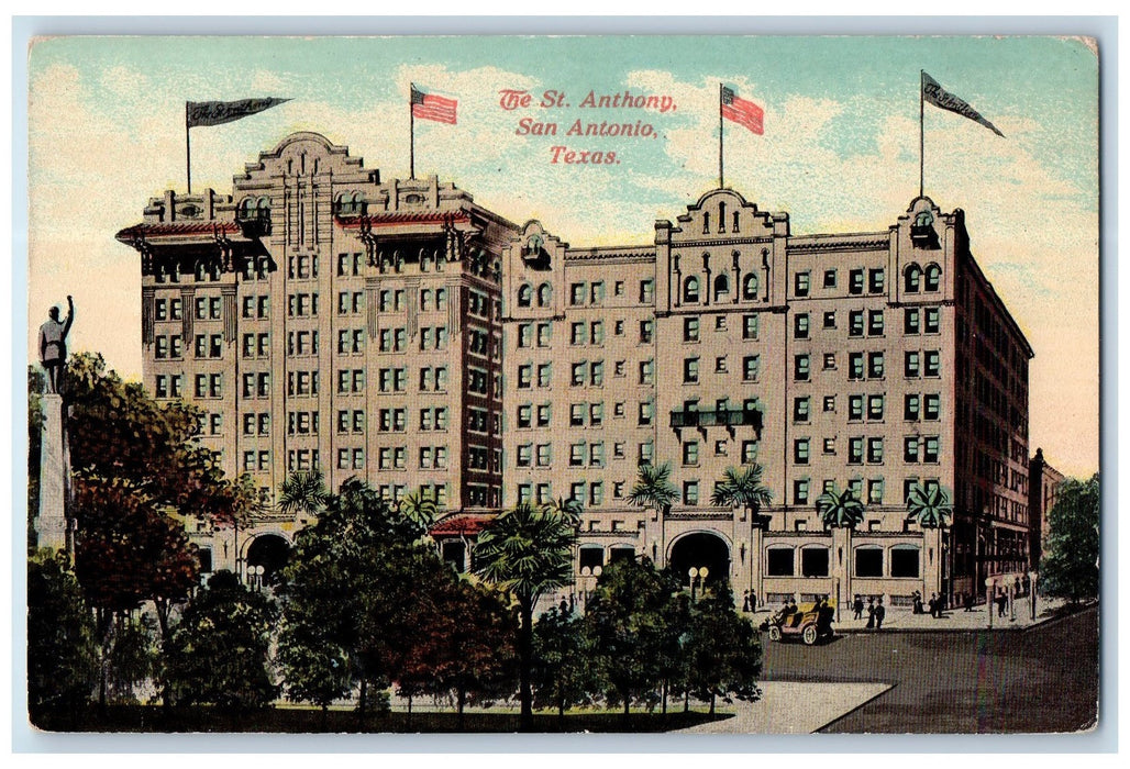 1912 St. Anthony Hotel Restaurant Building Classic Cars San Antonio TX Postcard