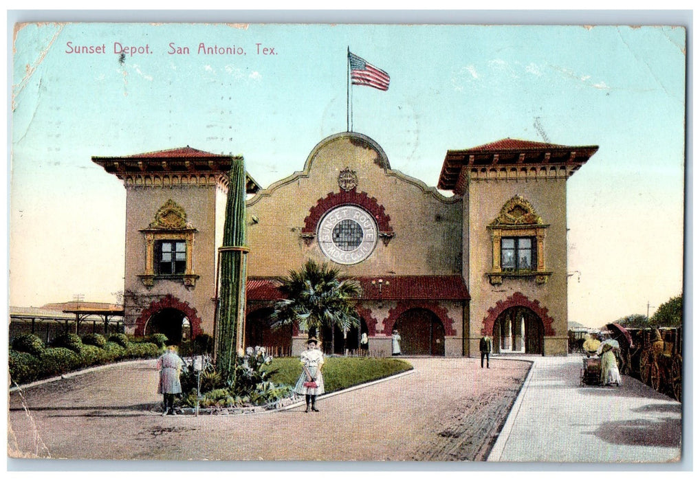 1909 Sunset Depot Station Building Horse Carriage Flags San Antonio TX Postcard