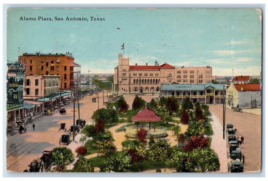 1914 Alamo Plaza Park Shed Horse Carriage  San Antonio Texas TX Posted Postcard