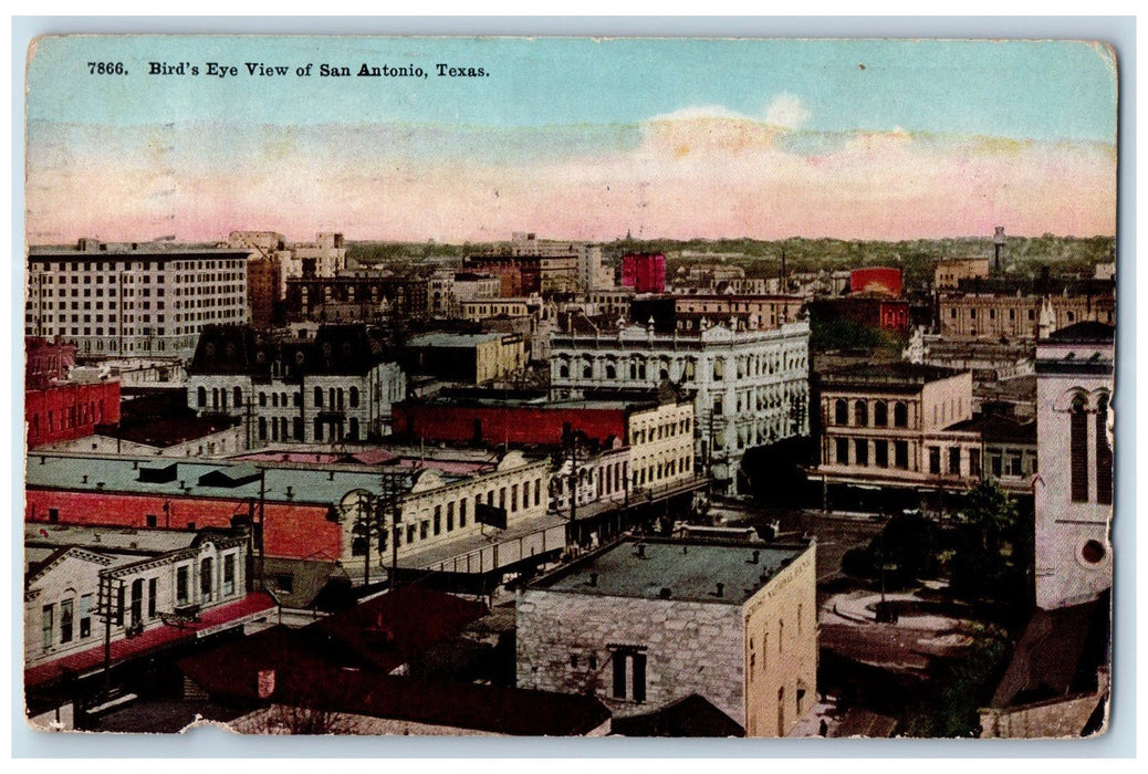 1914 Bird's Eye View Buildings Houses Rooftop Road San Antonio Texas TX Postcard