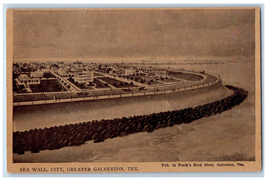 c1950's Sea Wall City Aerial View Buildings Greater Galveston Texas TX Postcard